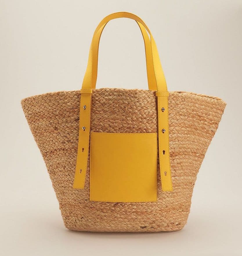 JUTE TOTE BAG WITH YELLOW LEATHER HANDLE AND POCKET