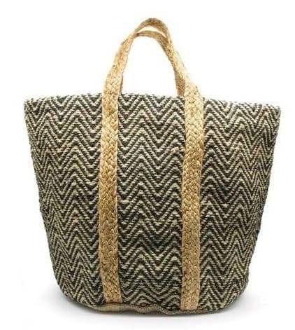 BLACK NATURAL WOVEN COTTON AND JUTE BEACH BAG