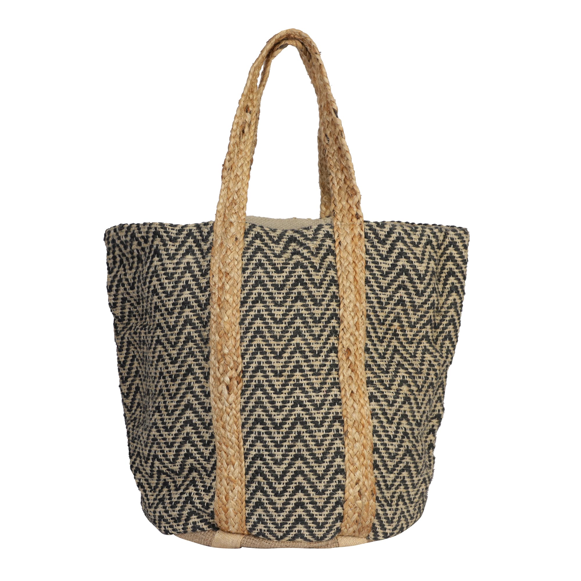 BLACK NATURAL WOVEN COTTON AND JUTE BEACH BAG