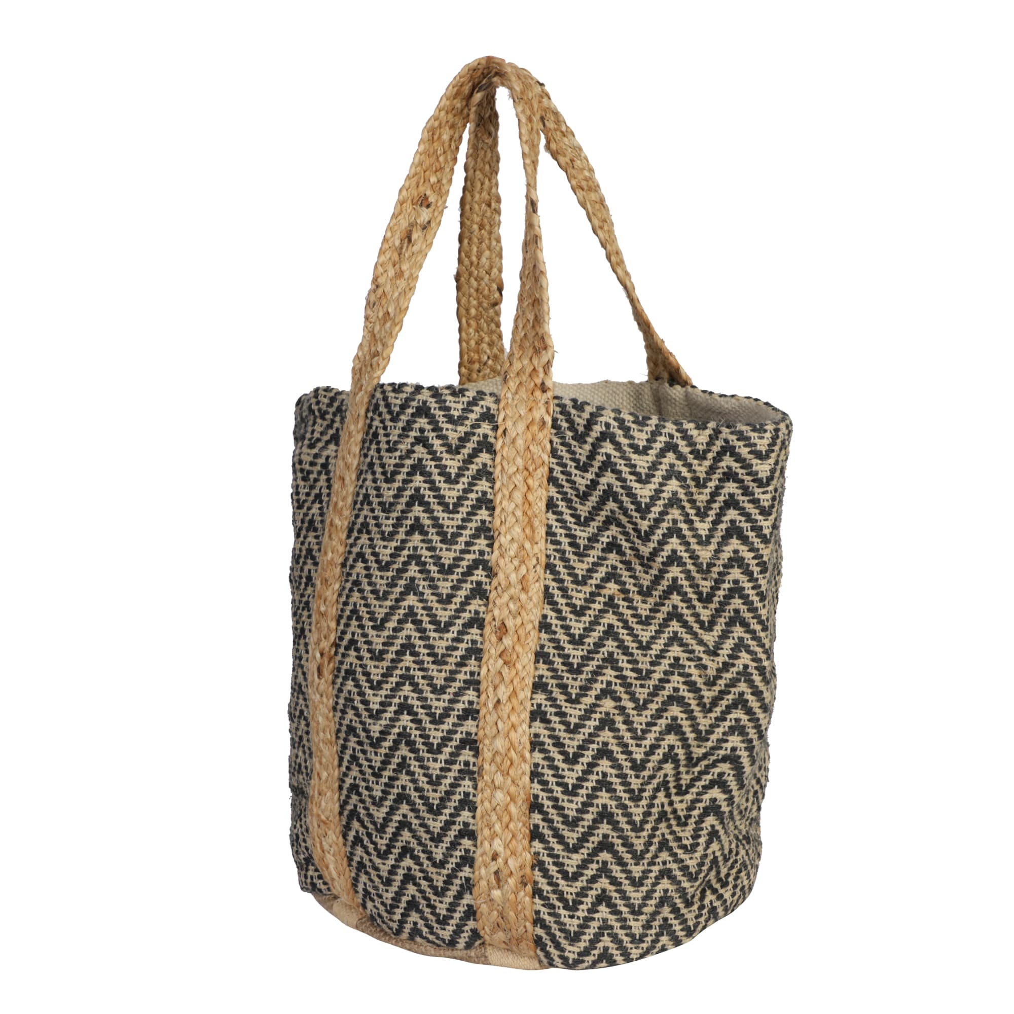 BLACK NATURAL WOVEN COTTON AND JUTE BEACH BAG