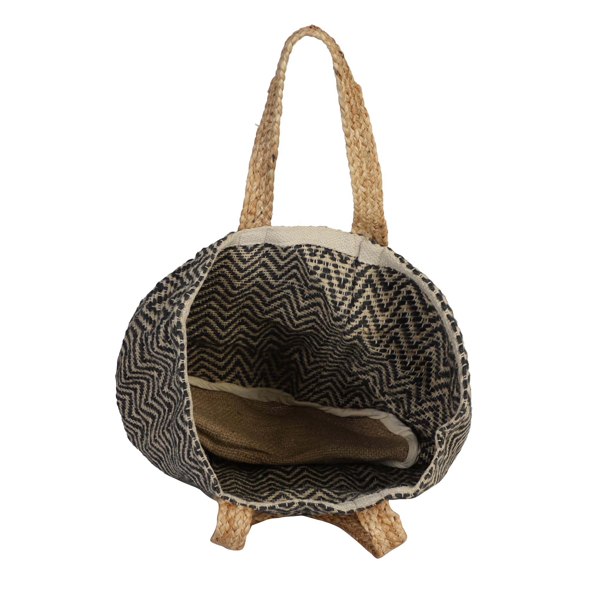 BLACK NATURAL WOVEN COTTON AND JUTE BEACH BAG