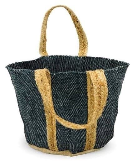 BLACK NAT WOVEN COTTON AND JUTE BEACH BAG