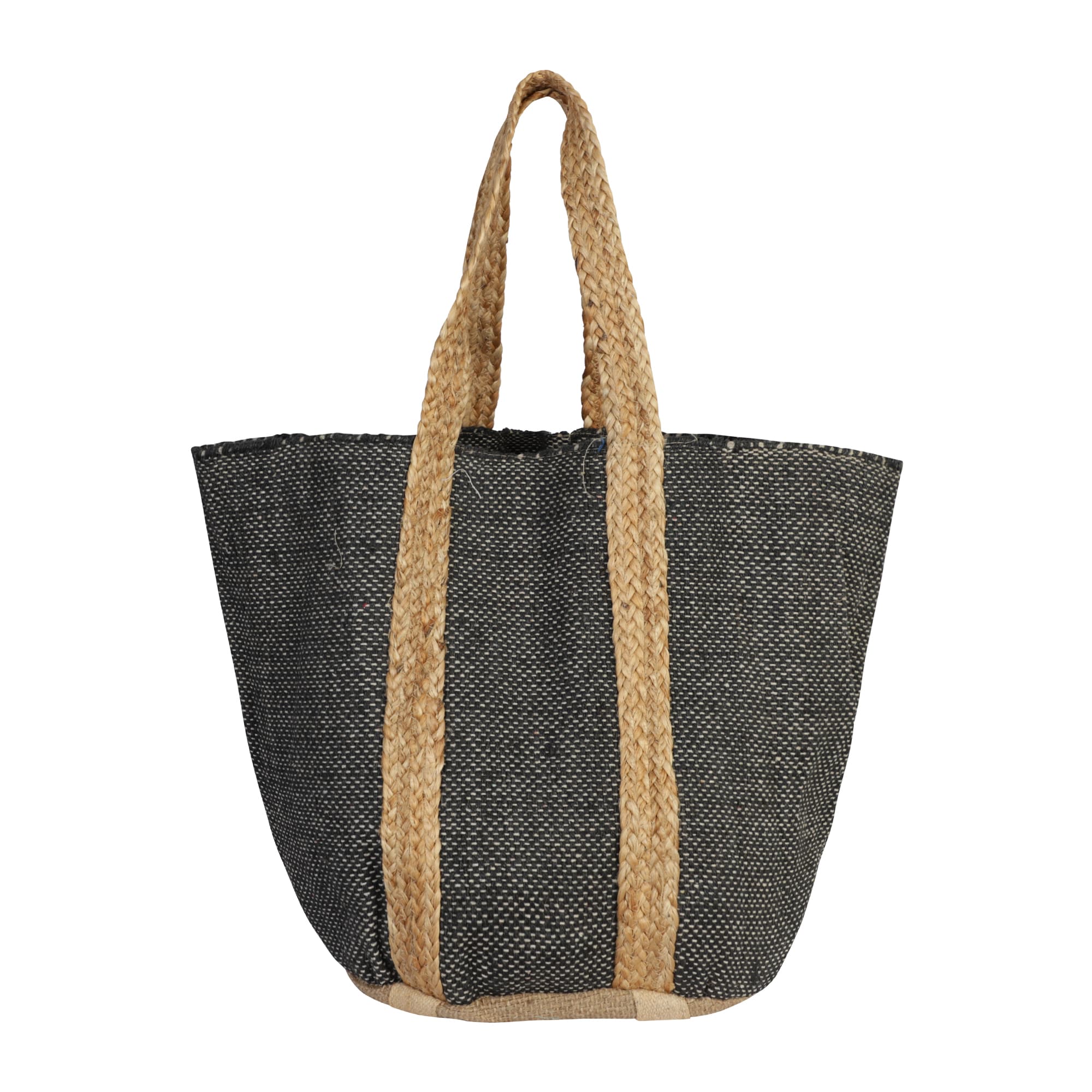 BLACK NAT WOVEN COTTON AND JUTE BEACH BAG