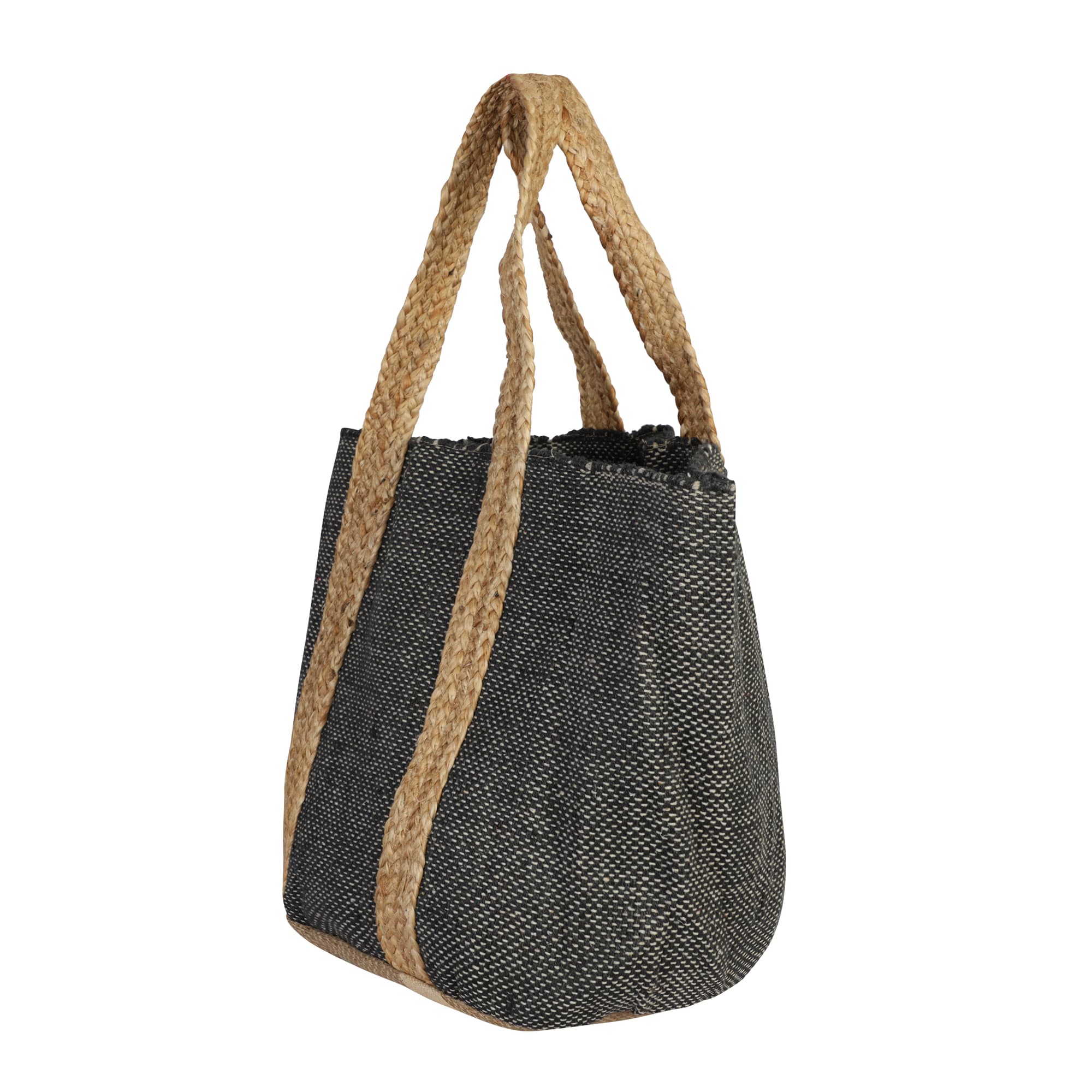 BLACK NAT WOVEN COTTON AND JUTE BEACH BAG
