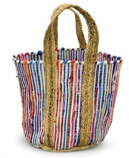 MULTI COLOUR WOVEN COTTON AND JUTE BEACH BAG