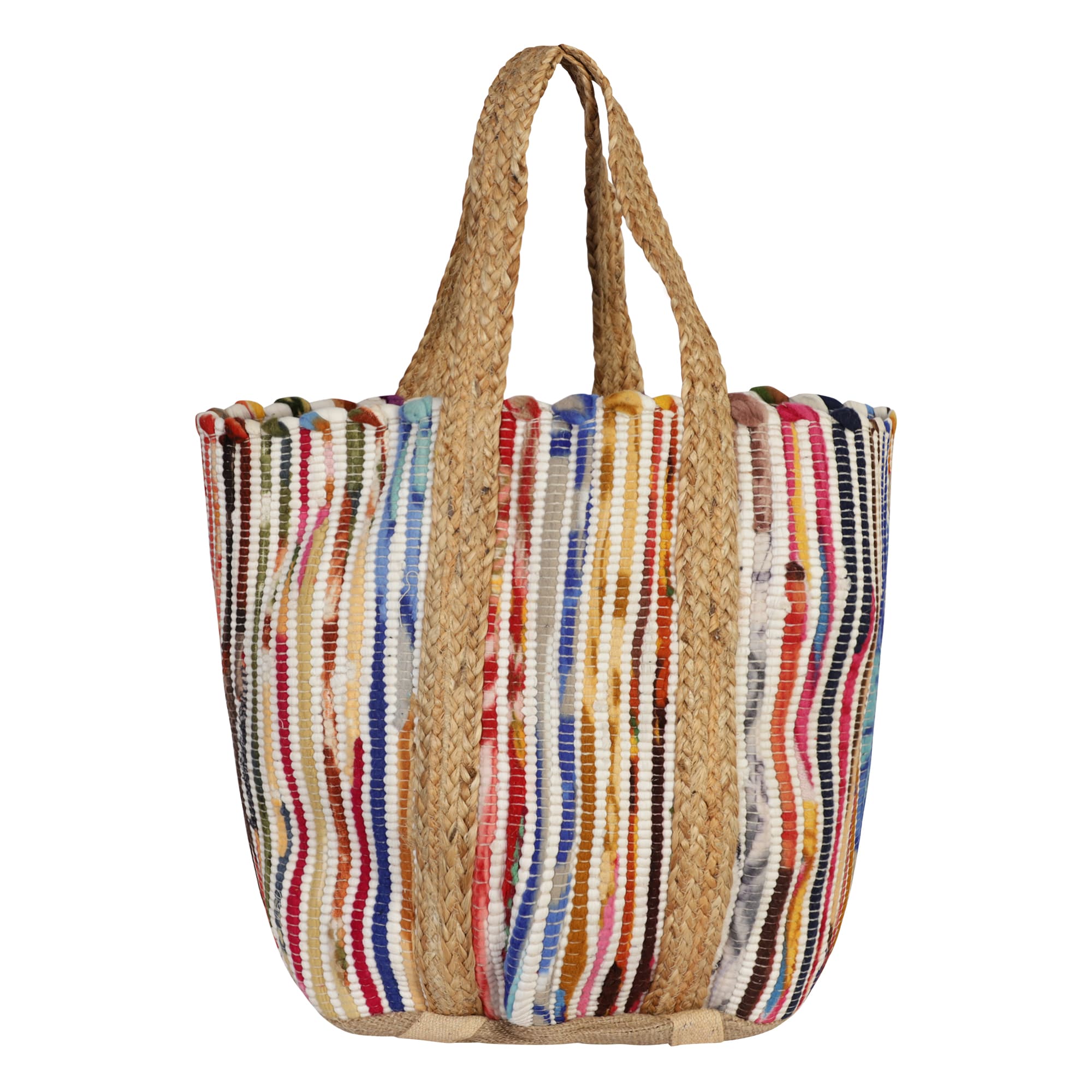 MULTI COLOUR WOVEN COTTON AND JUTE BEACH BAG