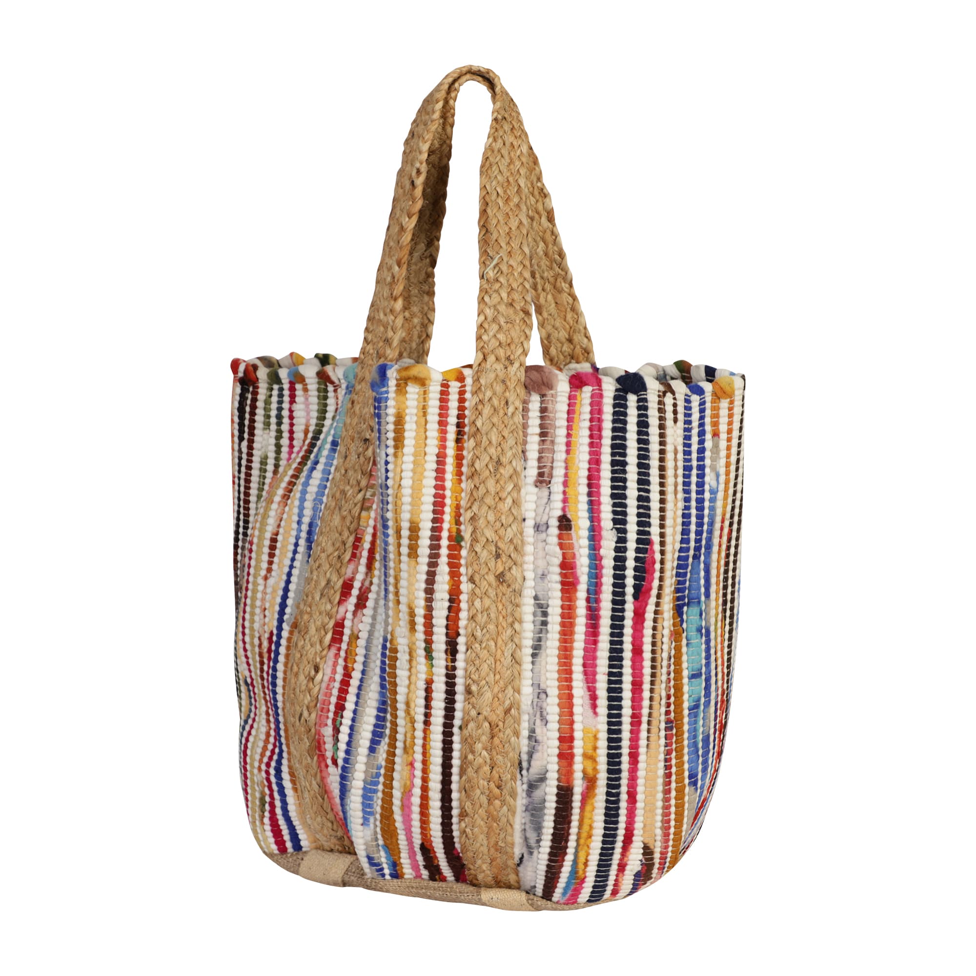 MULTI COLOUR WOVEN COTTON AND JUTE BEACH BAG
