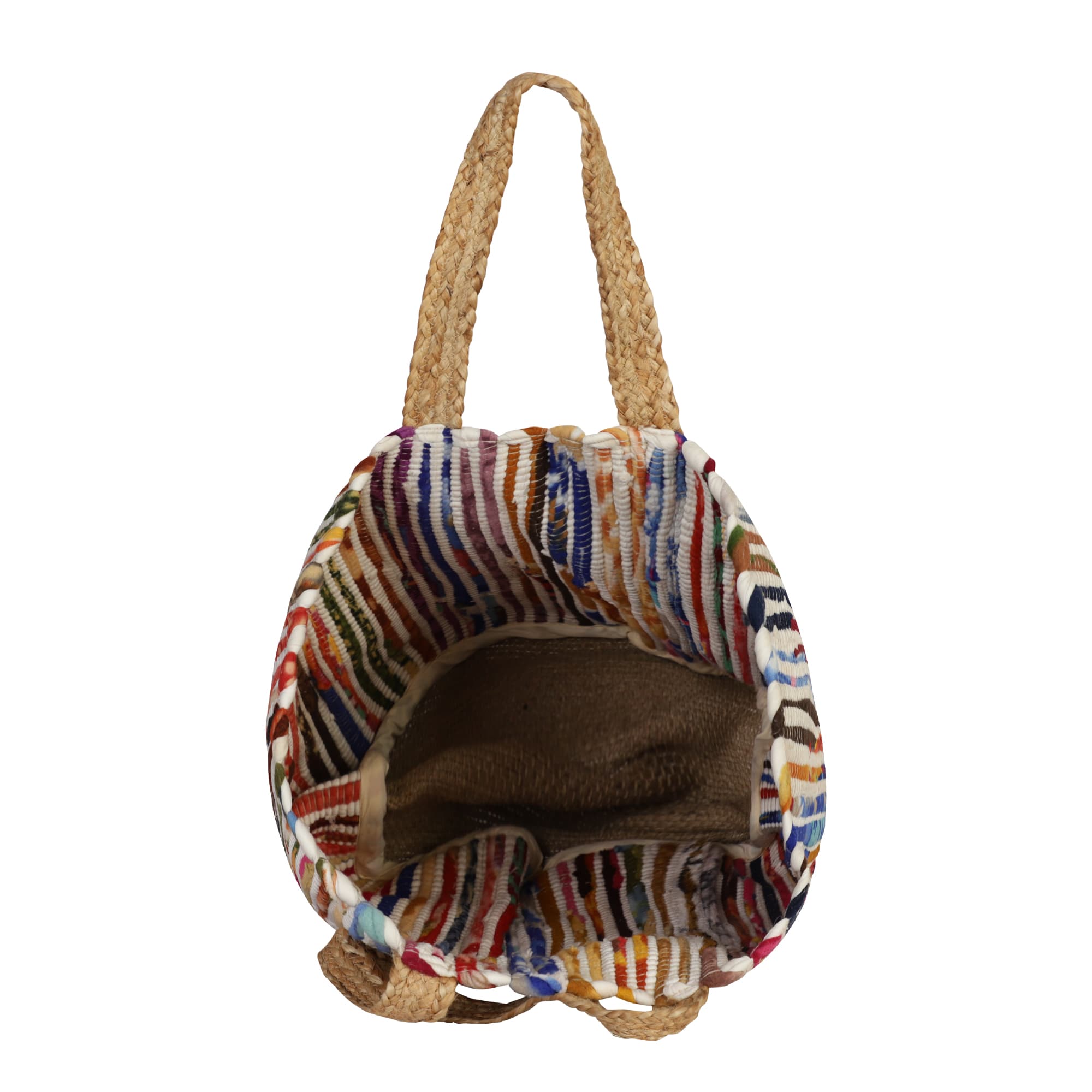 MULTI COLOUR WOVEN COTTON AND JUTE BEACH BAG