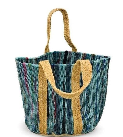 TURQUOISE COTTON AND JUTE BEACH BAG