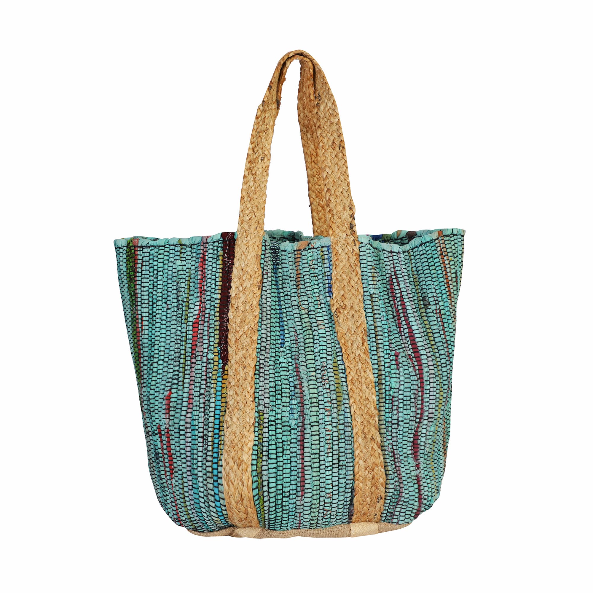 TURQUOISE COTTON AND JUTE BEACH BAG