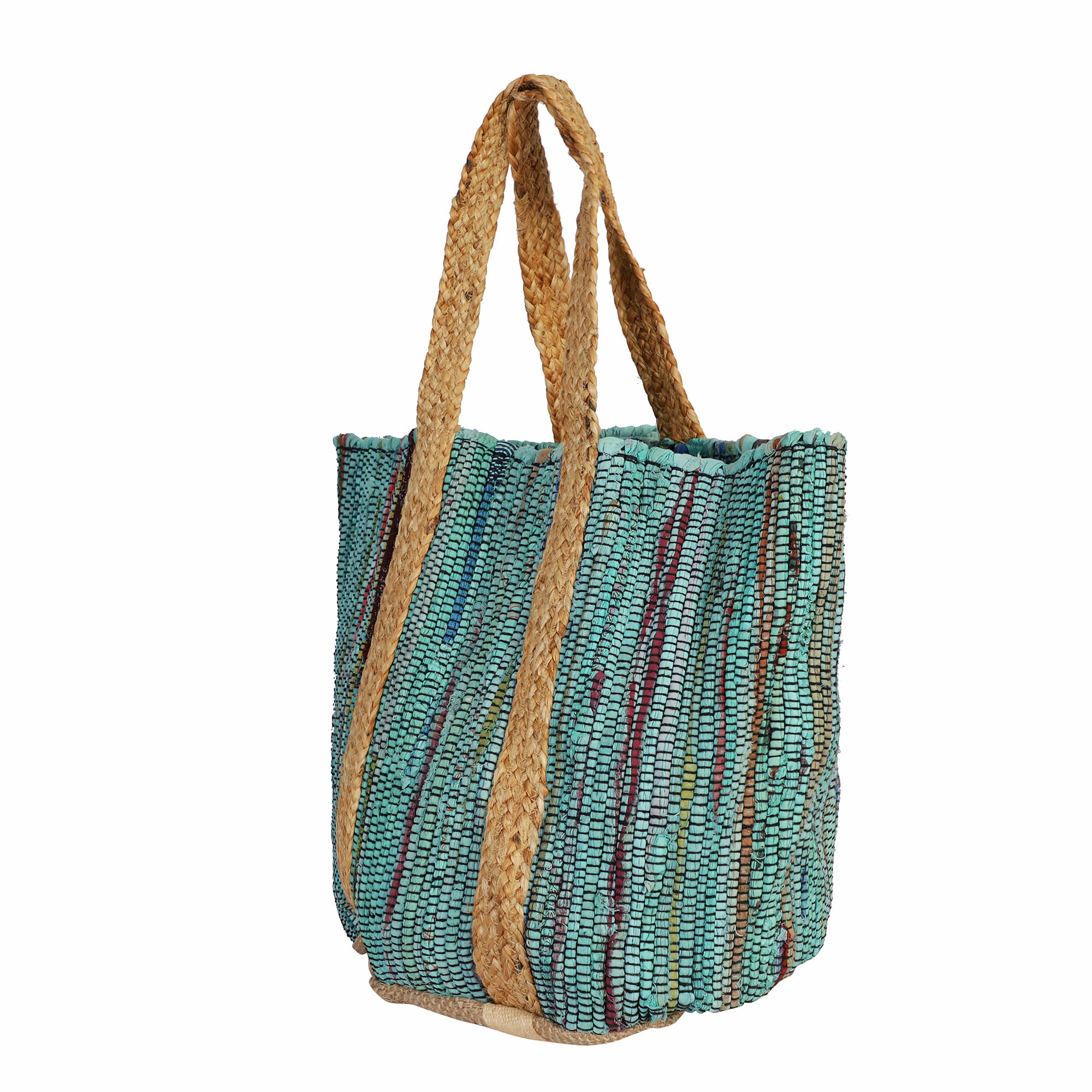 TURQUOISE COTTON AND JUTE BEACH BAG