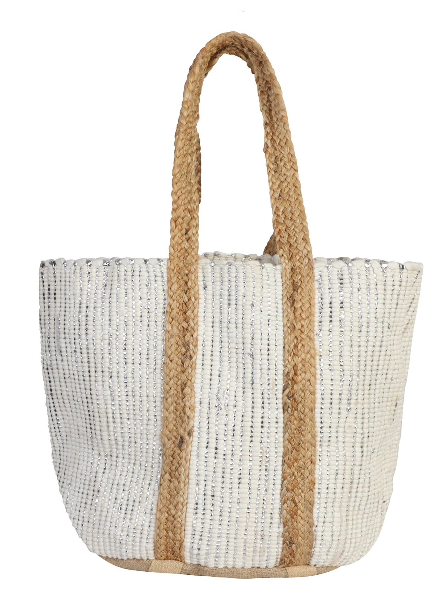 WHITE AND SILVER JUTE BEACH BAG