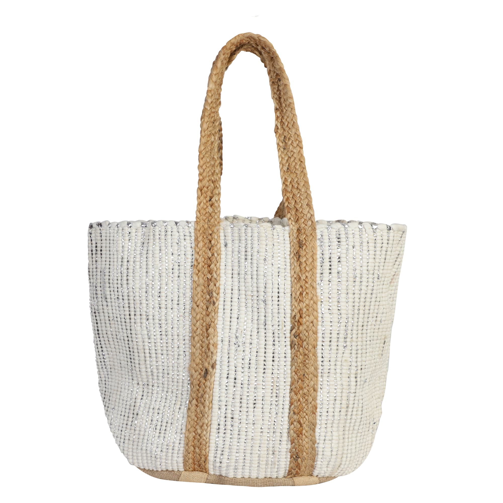 WHITE AND SILVER JUTE BEACH BAG