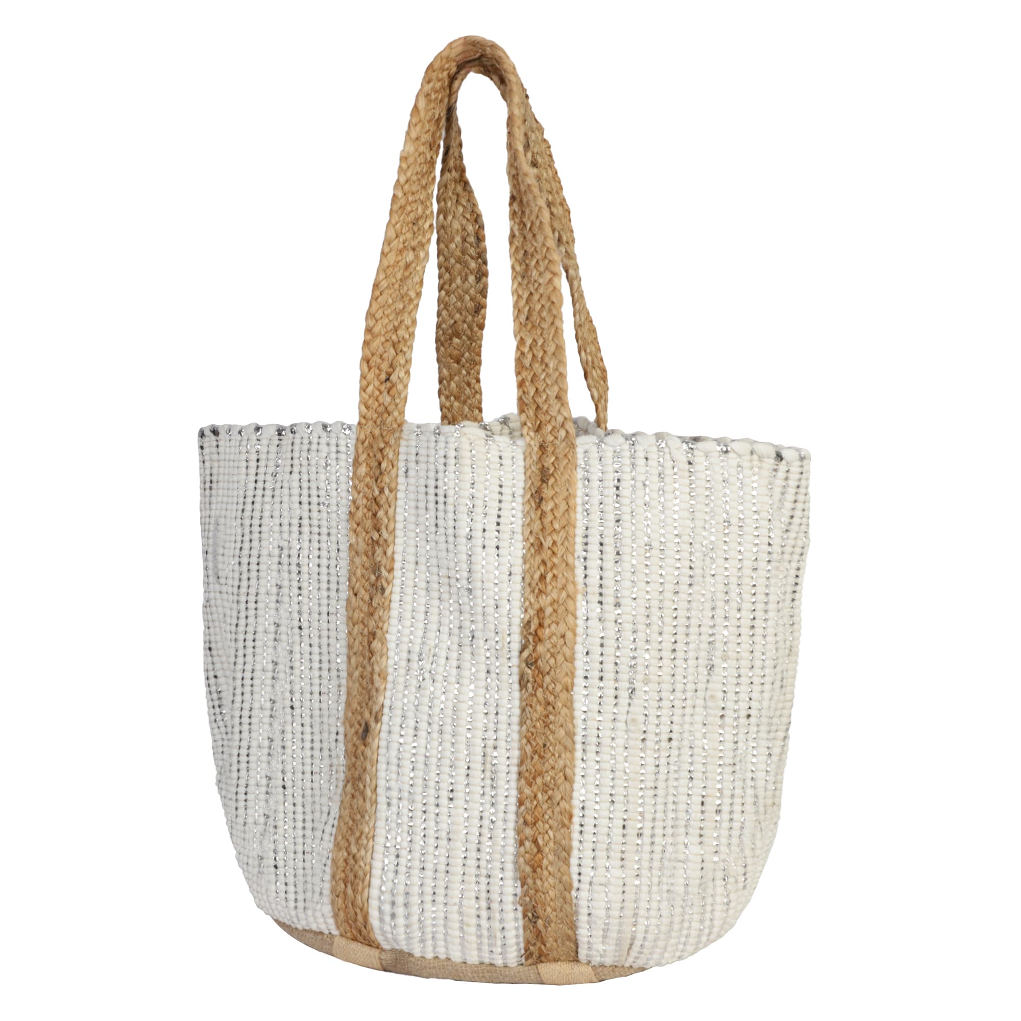 WHITE AND SILVER JUTE BEACH BAG