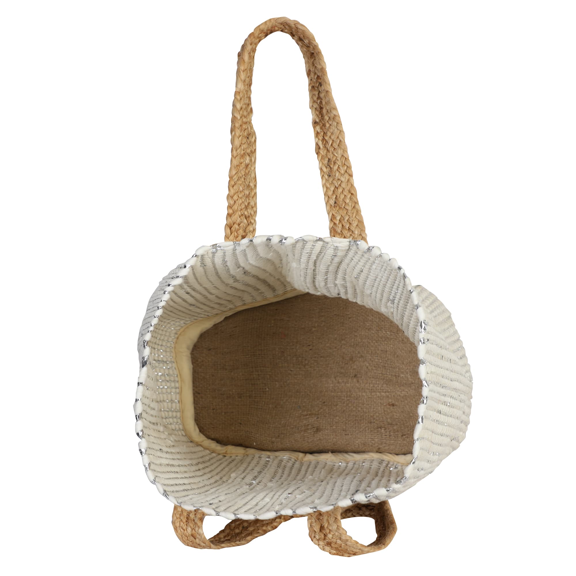 WHITE AND SILVER JUTE BEACH BAG