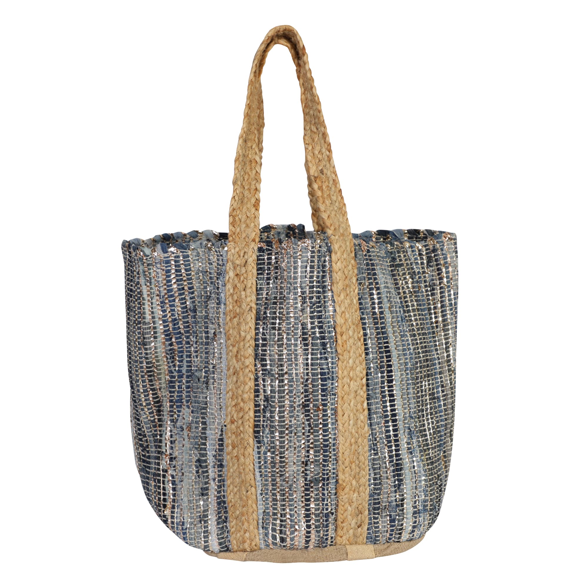 BLUE AND GOLD JUTE BEACH BAG