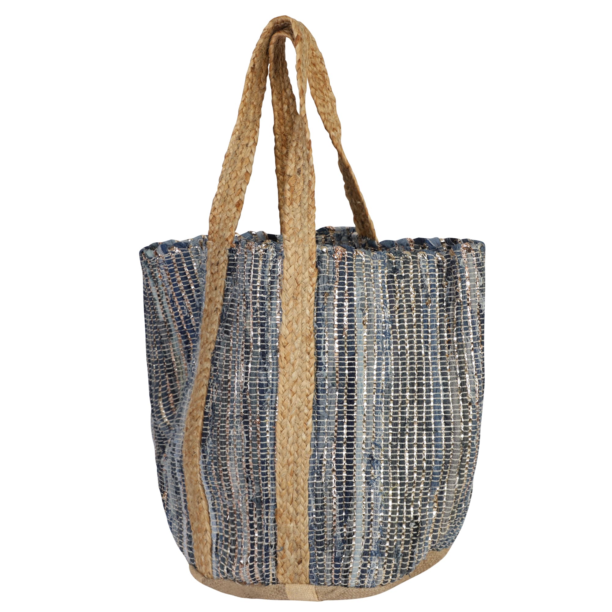 BLUE AND GOLD JUTE BEACH BAG