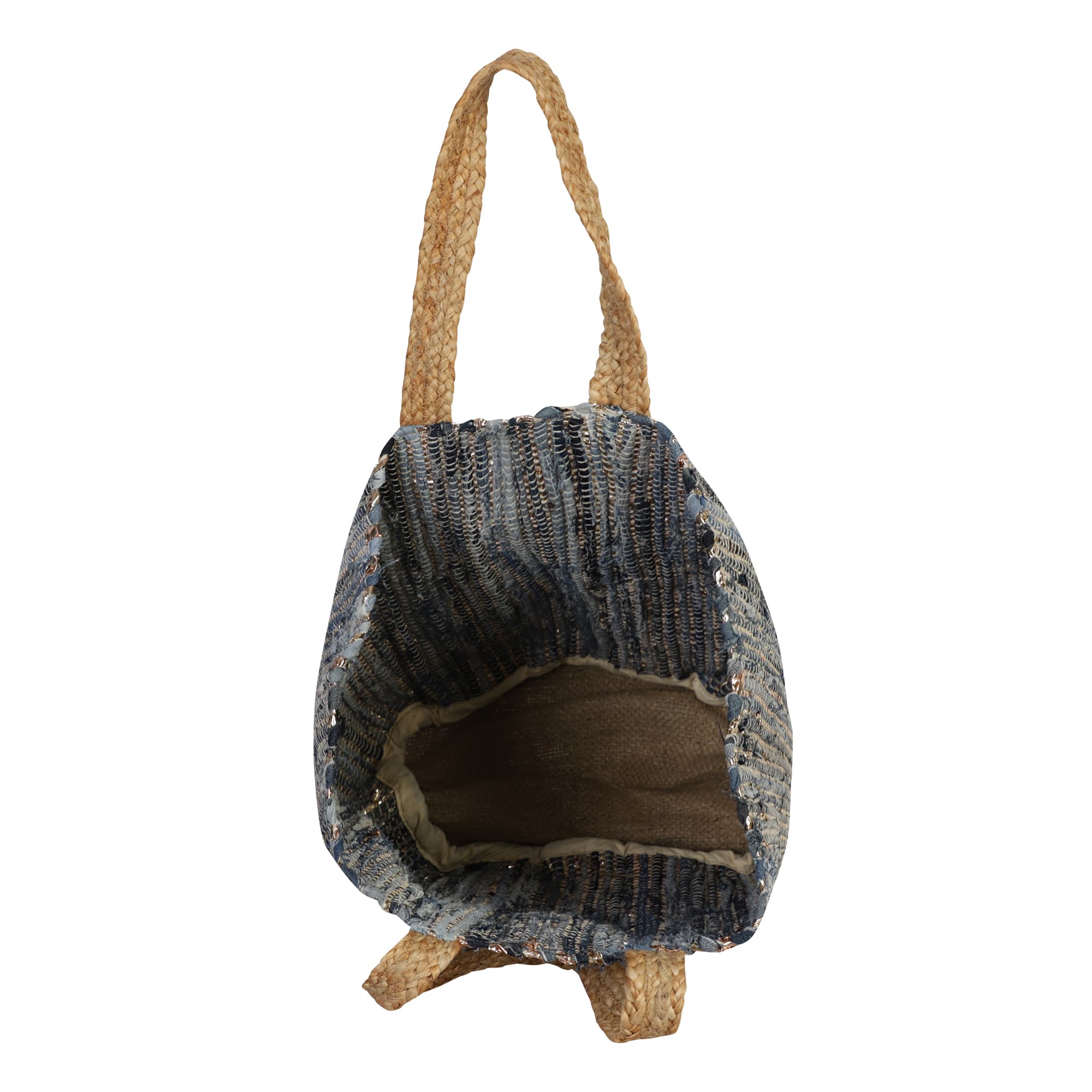 BLUE AND GOLD JUTE BEACH BAG