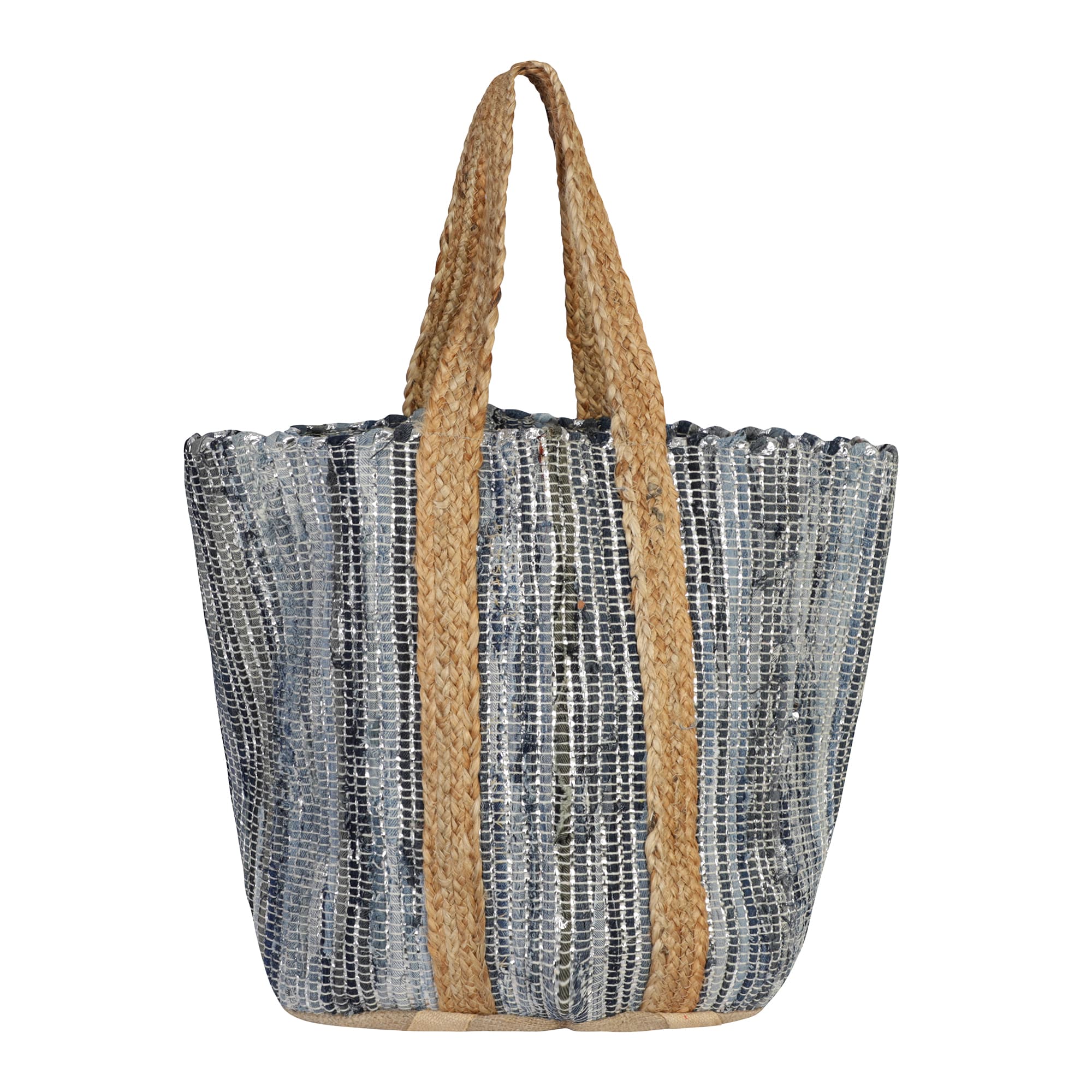 BLUE AND SILVER JUTE BEACH BAG