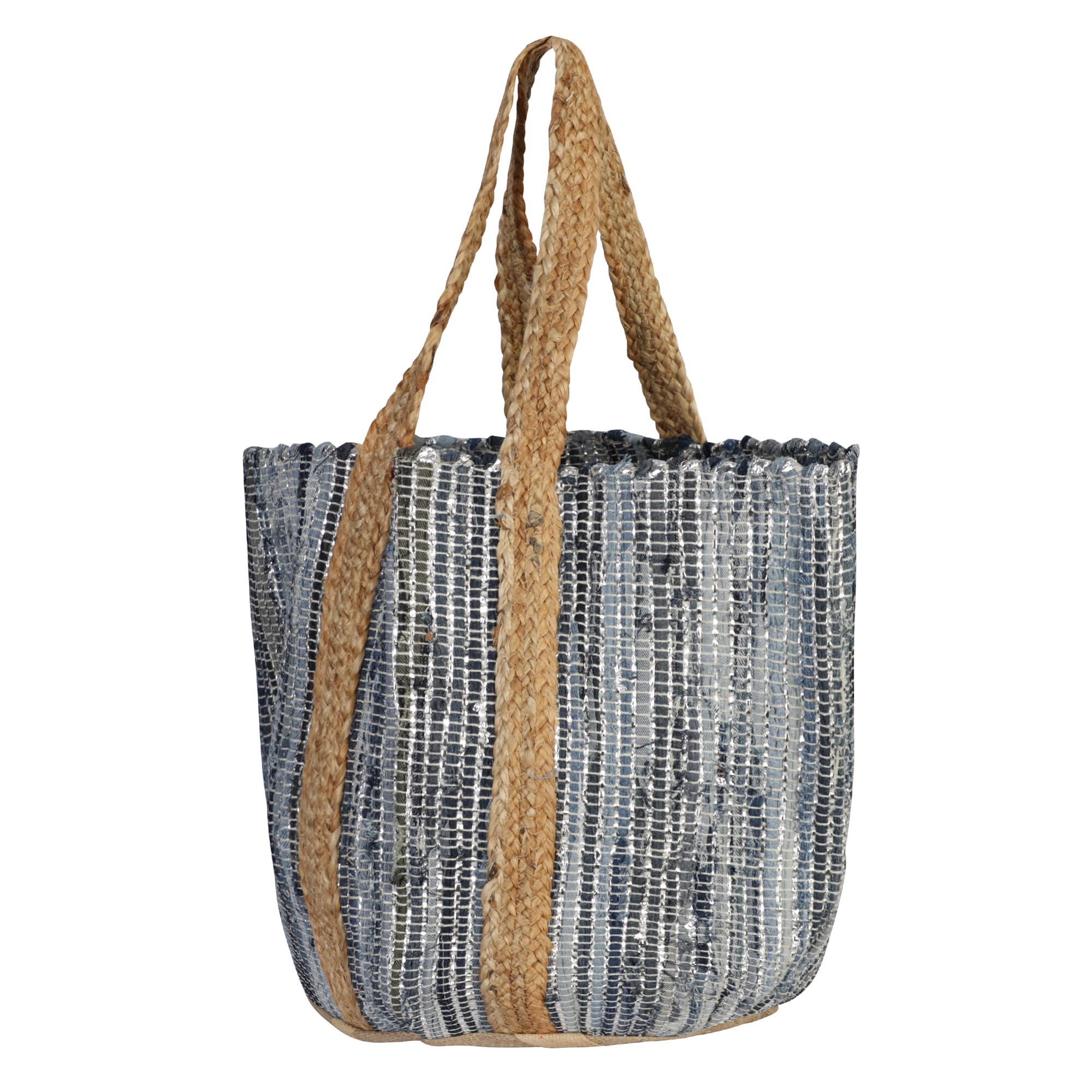 BLUE AND SILVER JUTE BEACH BAG