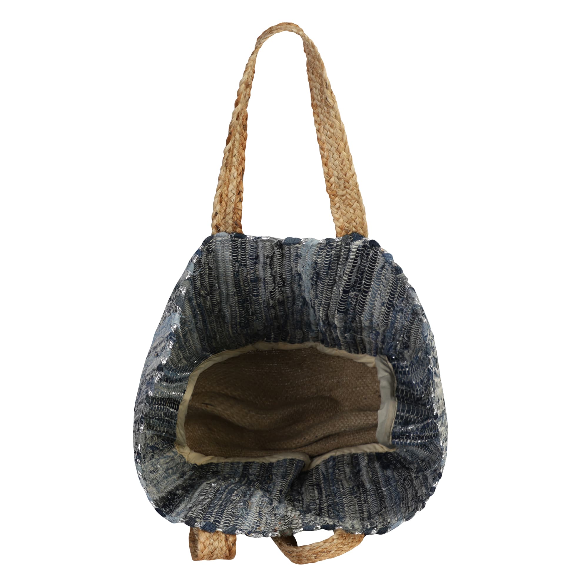 BLUE AND SILVER JUTE BEACH BAG