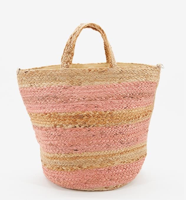 PINK DYED AND NATURAL BRAIDED JUTE TOTE BAG