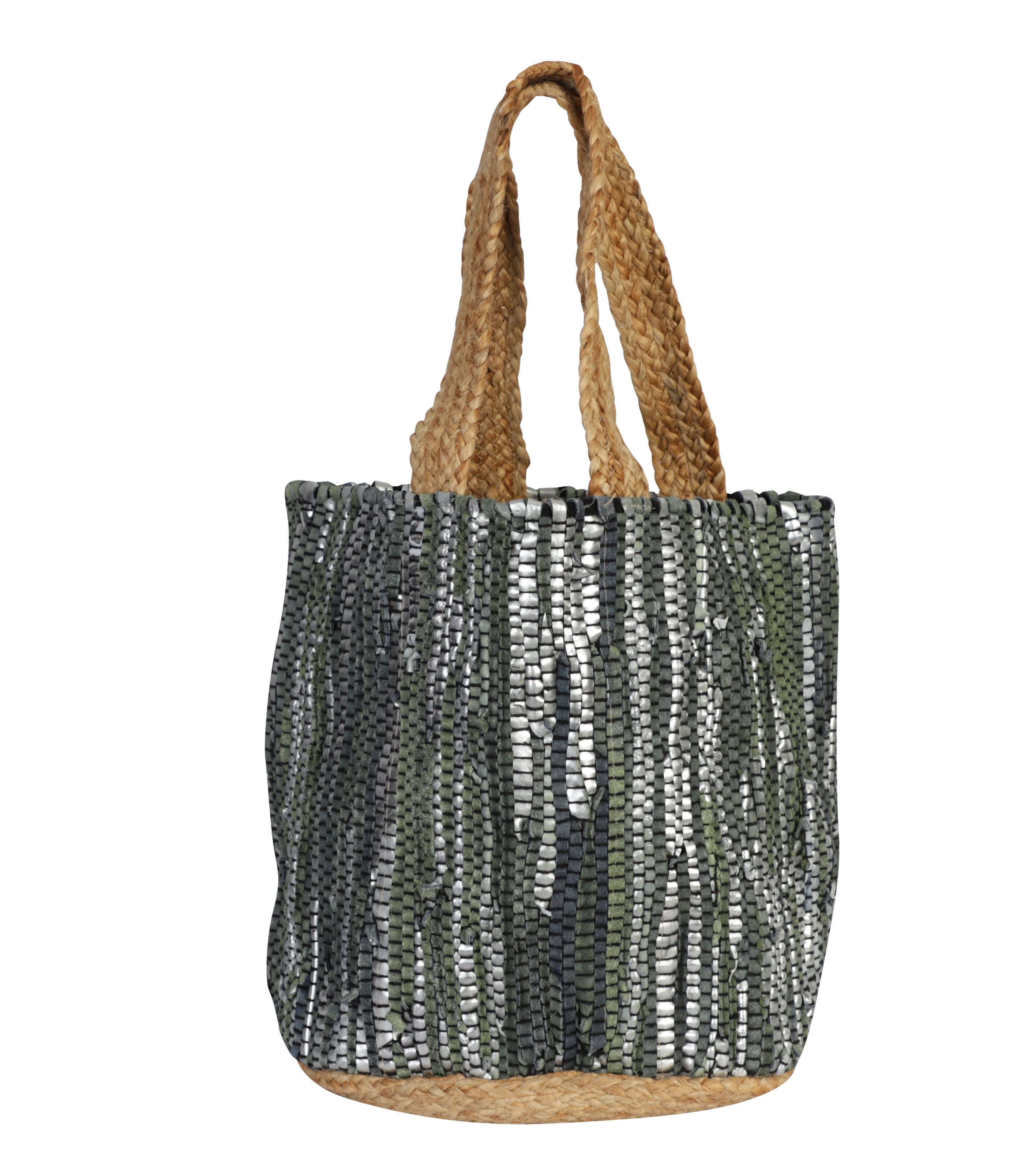 GREEN AND SILVER RECYCLED LEATHER BEACH BAG