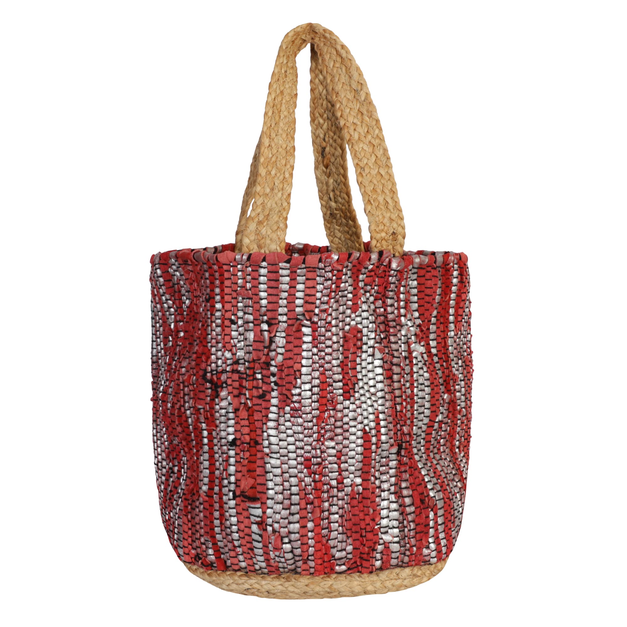 RED AND SILVER RECYCLED LEATHER BEACH BAG