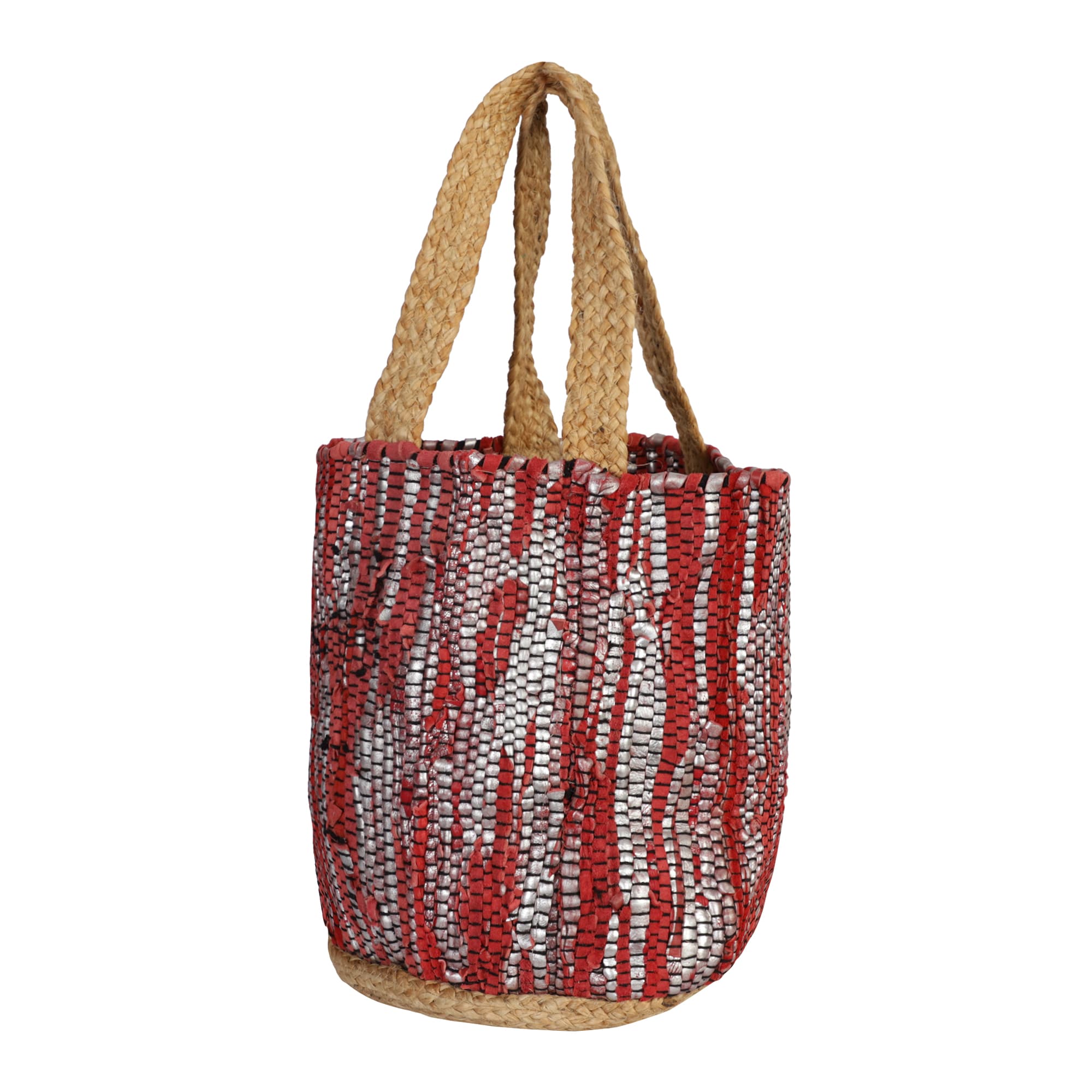 RED AND SILVER RECYCLED LEATHER BEACH BAG