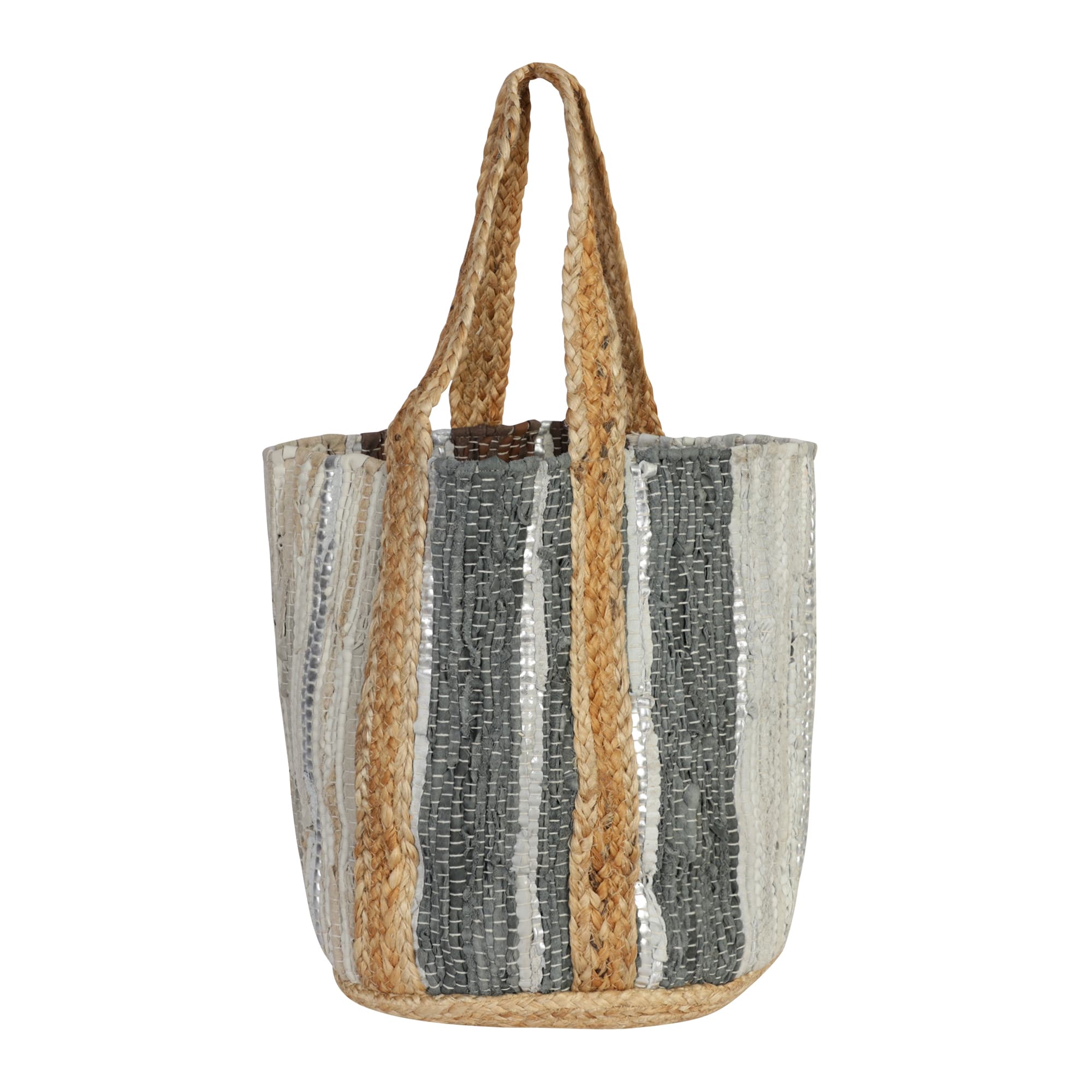 LIGHT GRAY AND WHITE RECYCLED LEATHER BEACH BAG