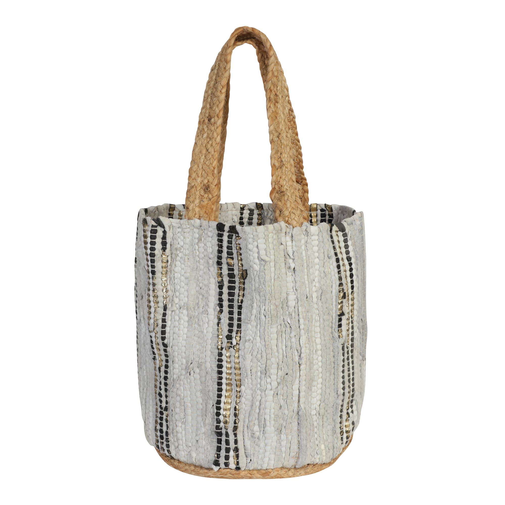 LIGHT GRAY AND BLACK RECYCLED LEATHER BEACH BAG