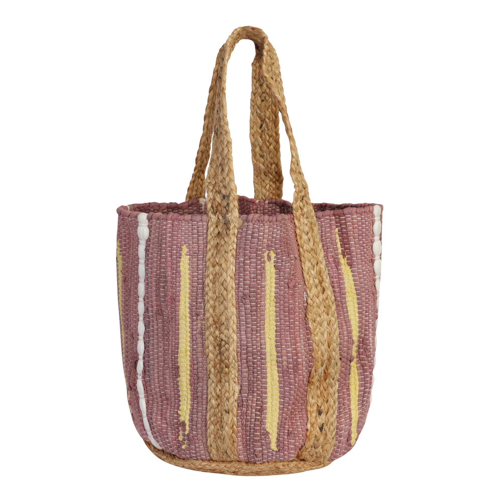 BROWN COTTON AND JUTE WOVEN BEACH BAG