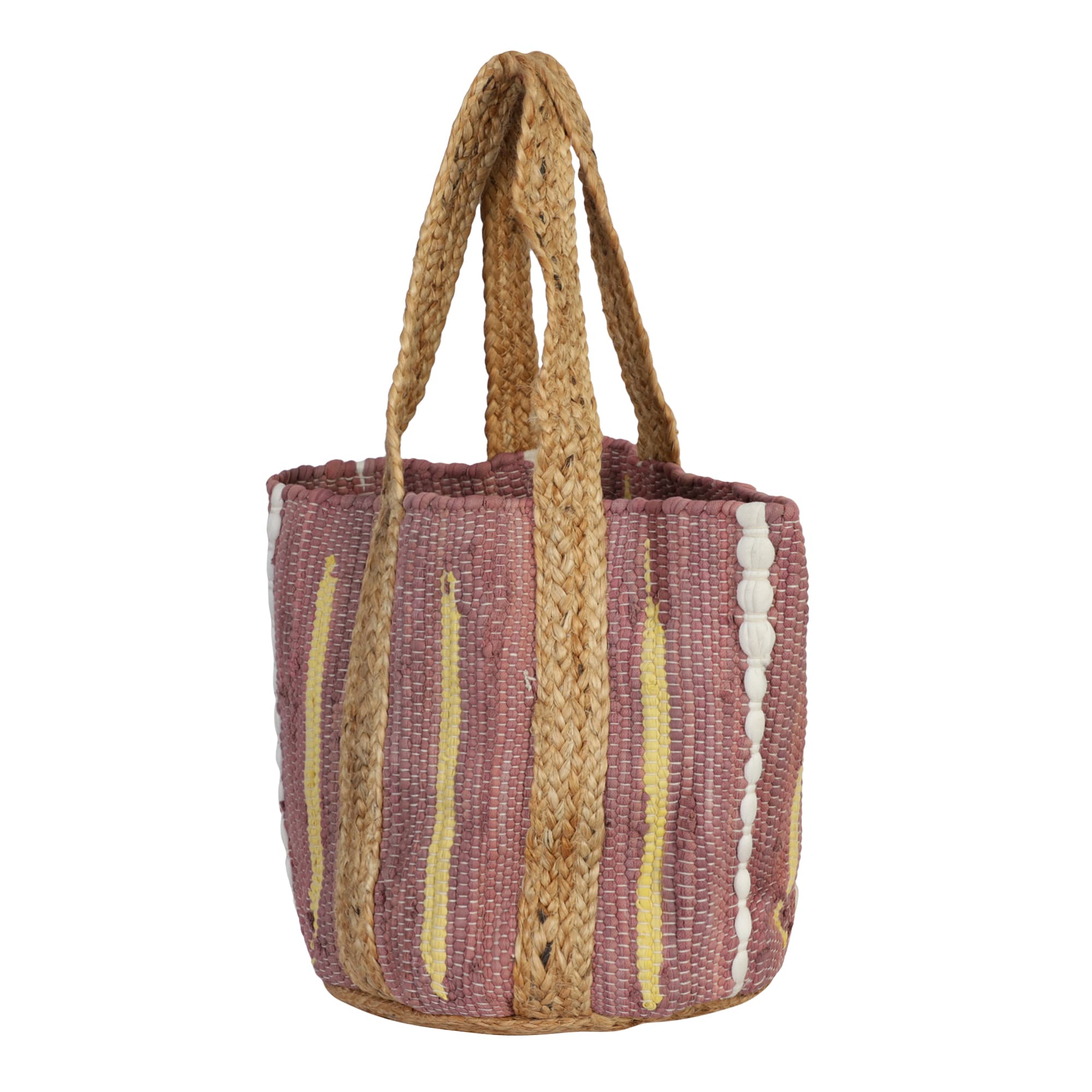 BROWN COTTON AND JUTE WOVEN BEACH BAG