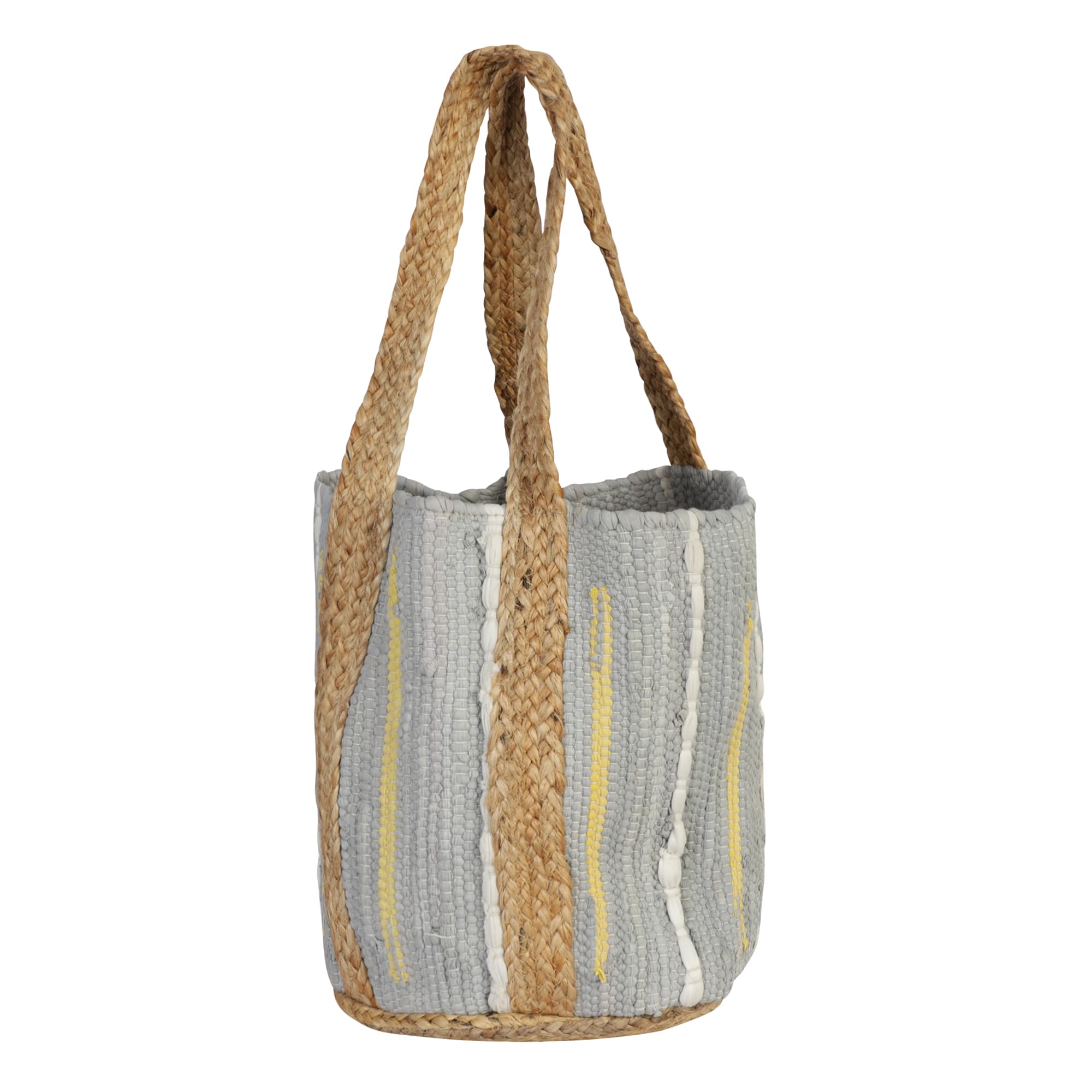 GREY COTTON AND JUTE WOVEN BEACH BAG