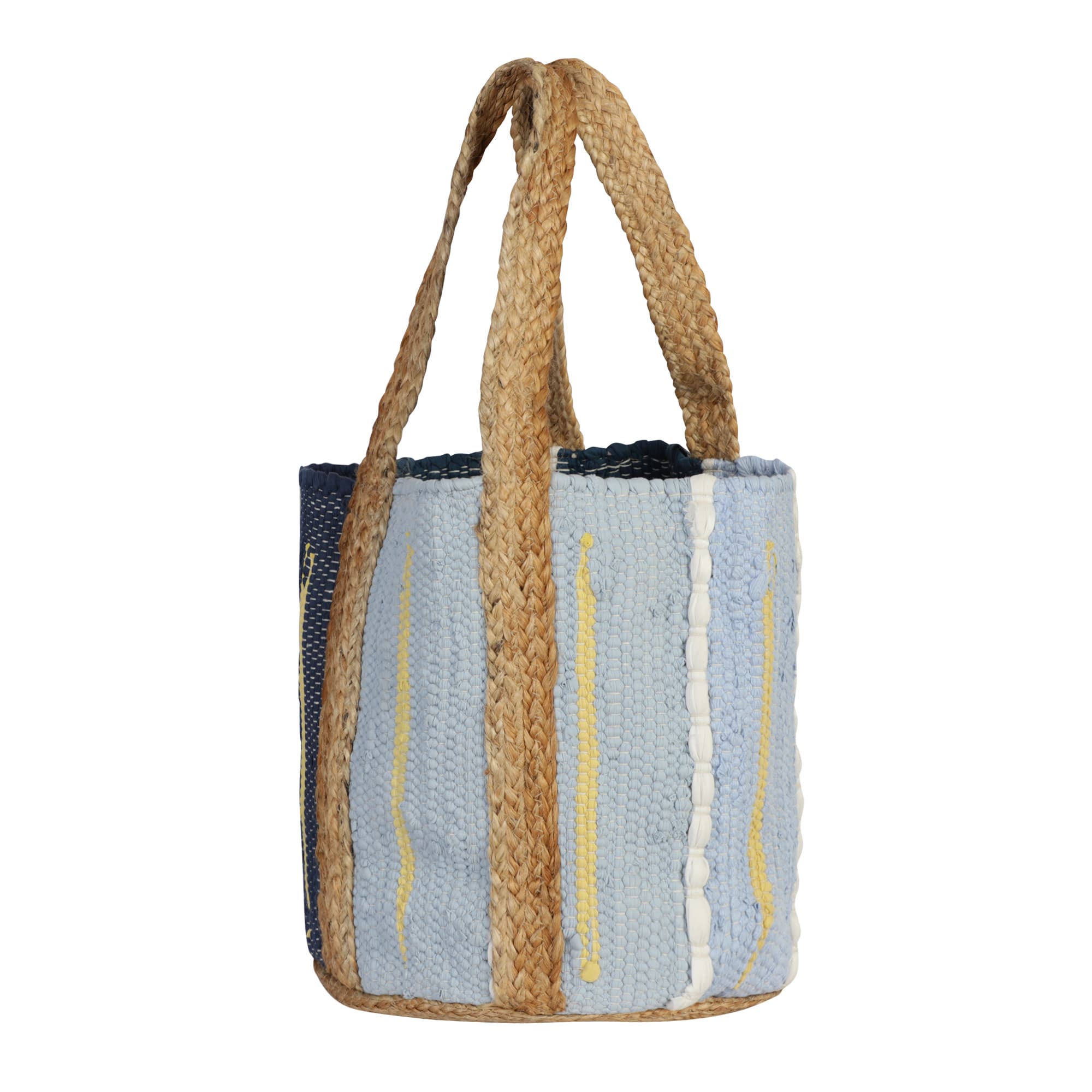 LIGHT BLUE BLACK COTTON AND JUTE WOVEN BEACH BAG