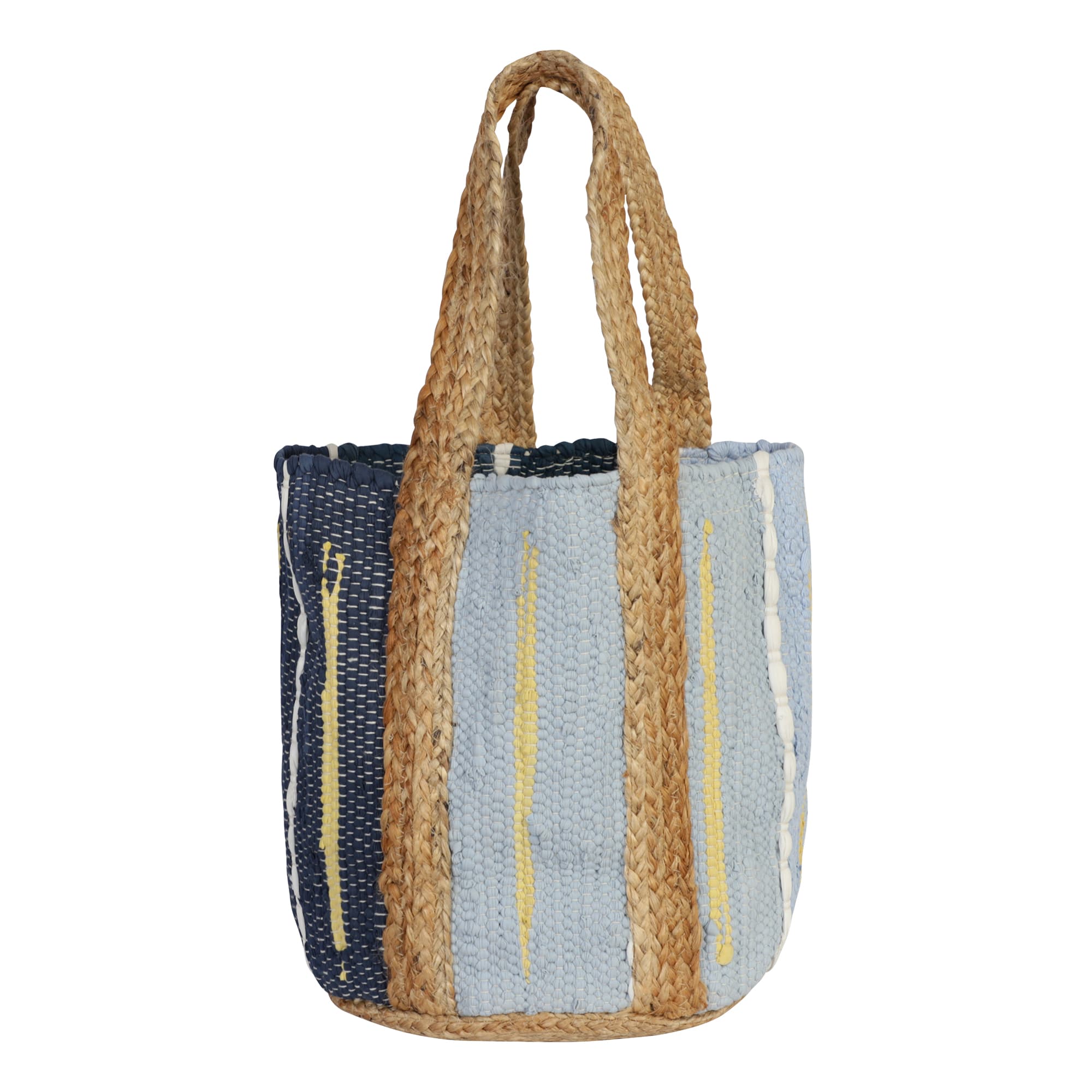 LIGHT BLUE BLACK COTTON AND JUTE WOVEN BEACH BAG