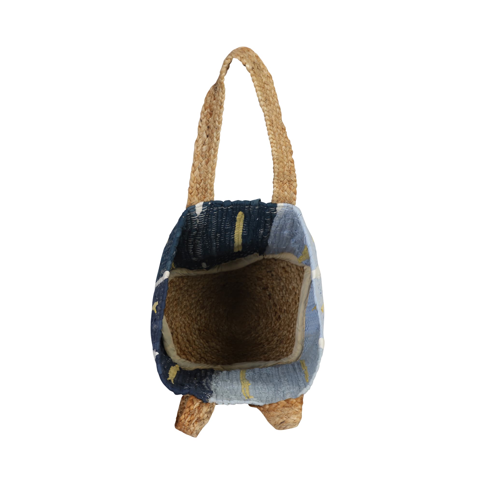 LIGHT BLUE BLACK COTTON AND JUTE WOVEN BEACH BAG