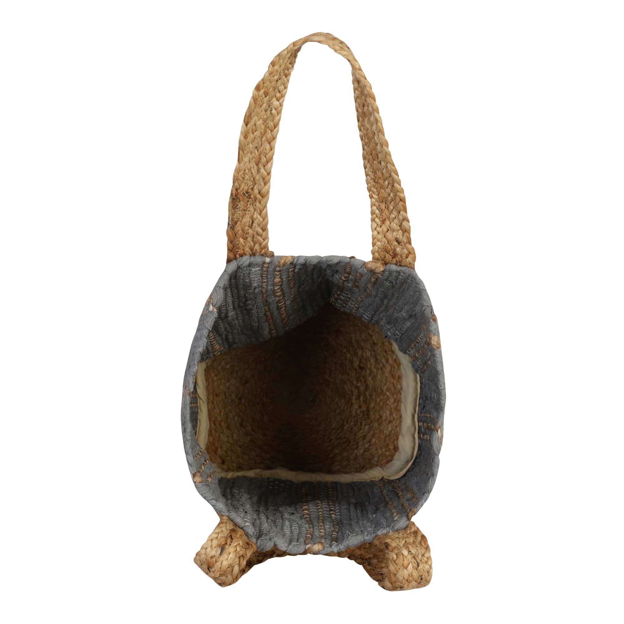 GREY NATURAL COTTON AND JUTE WOVEN BEACH BAG