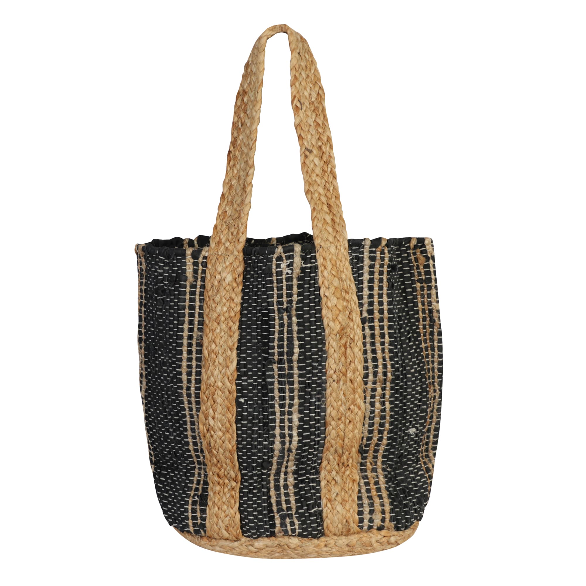 BLACK NATURAL COTTON AND JUTE WOVEN BEACH BAG