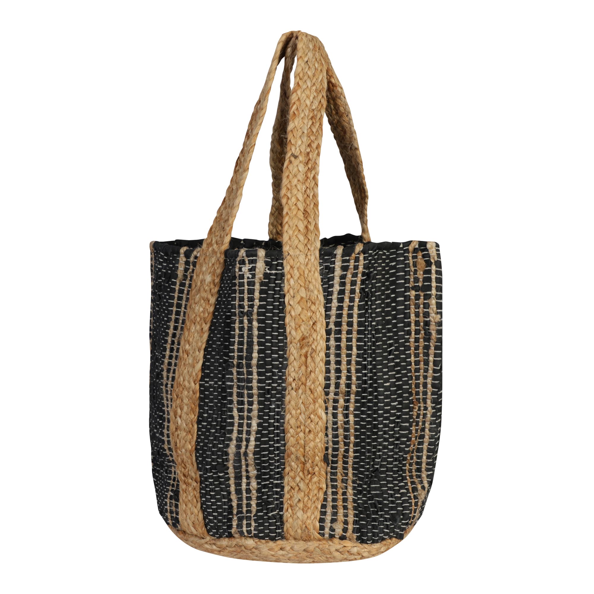 BLACK NATURAL COTTON AND JUTE WOVEN BEACH BAG