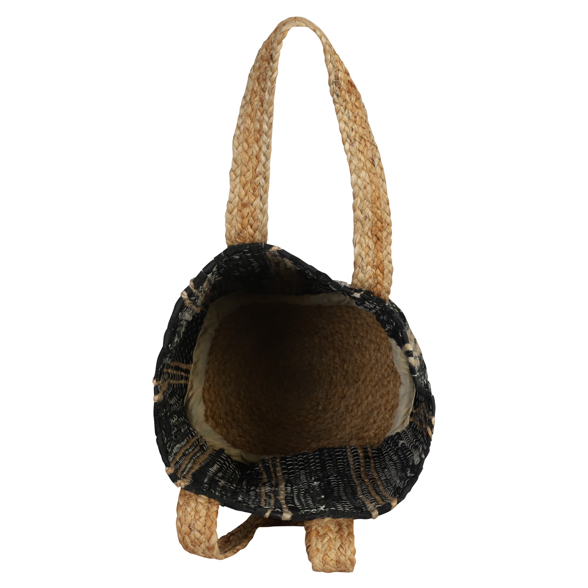 BLACK NATURAL COTTON AND JUTE WOVEN BEACH BAG