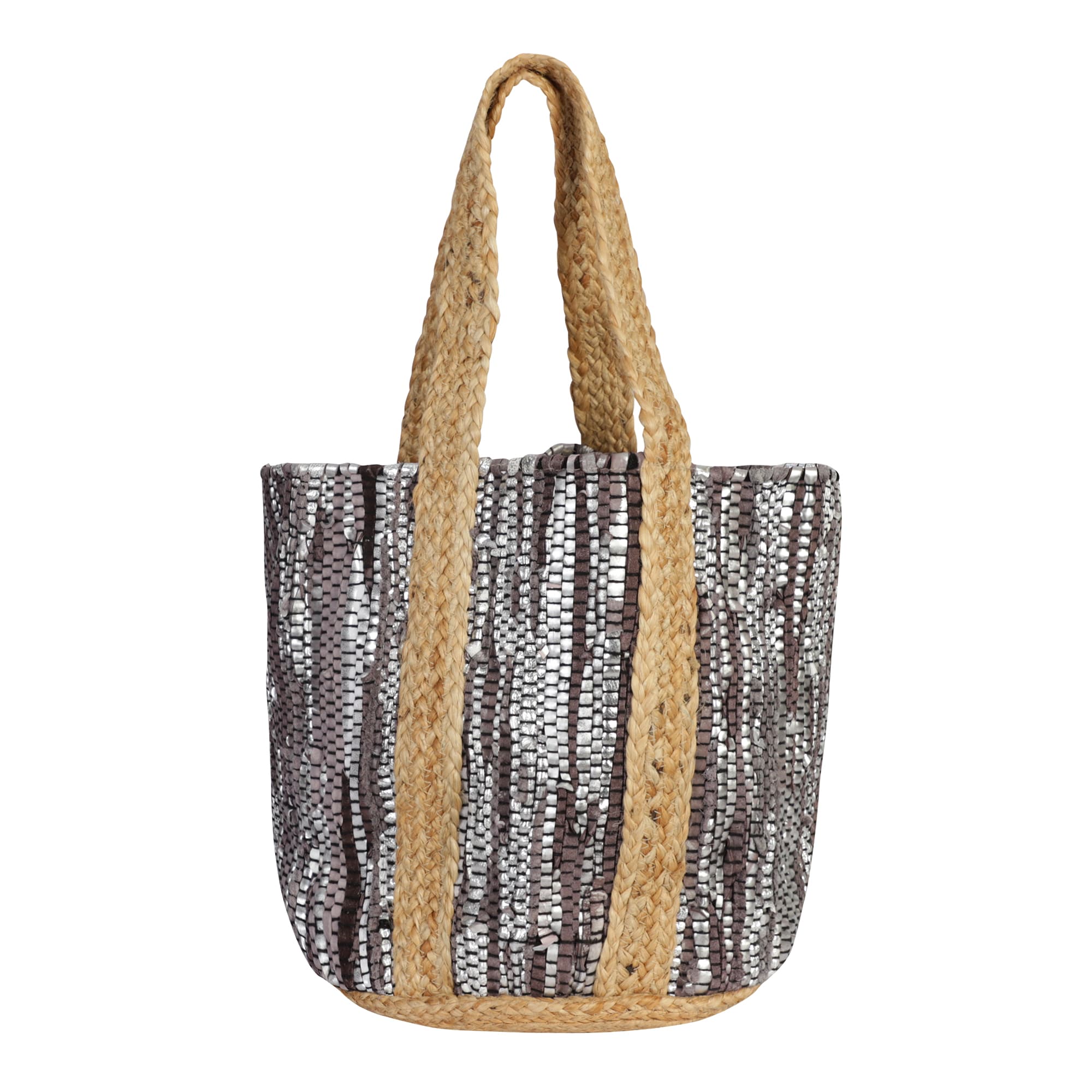 SILVER BROWN RECYCLED LEATHER BEACH BAG