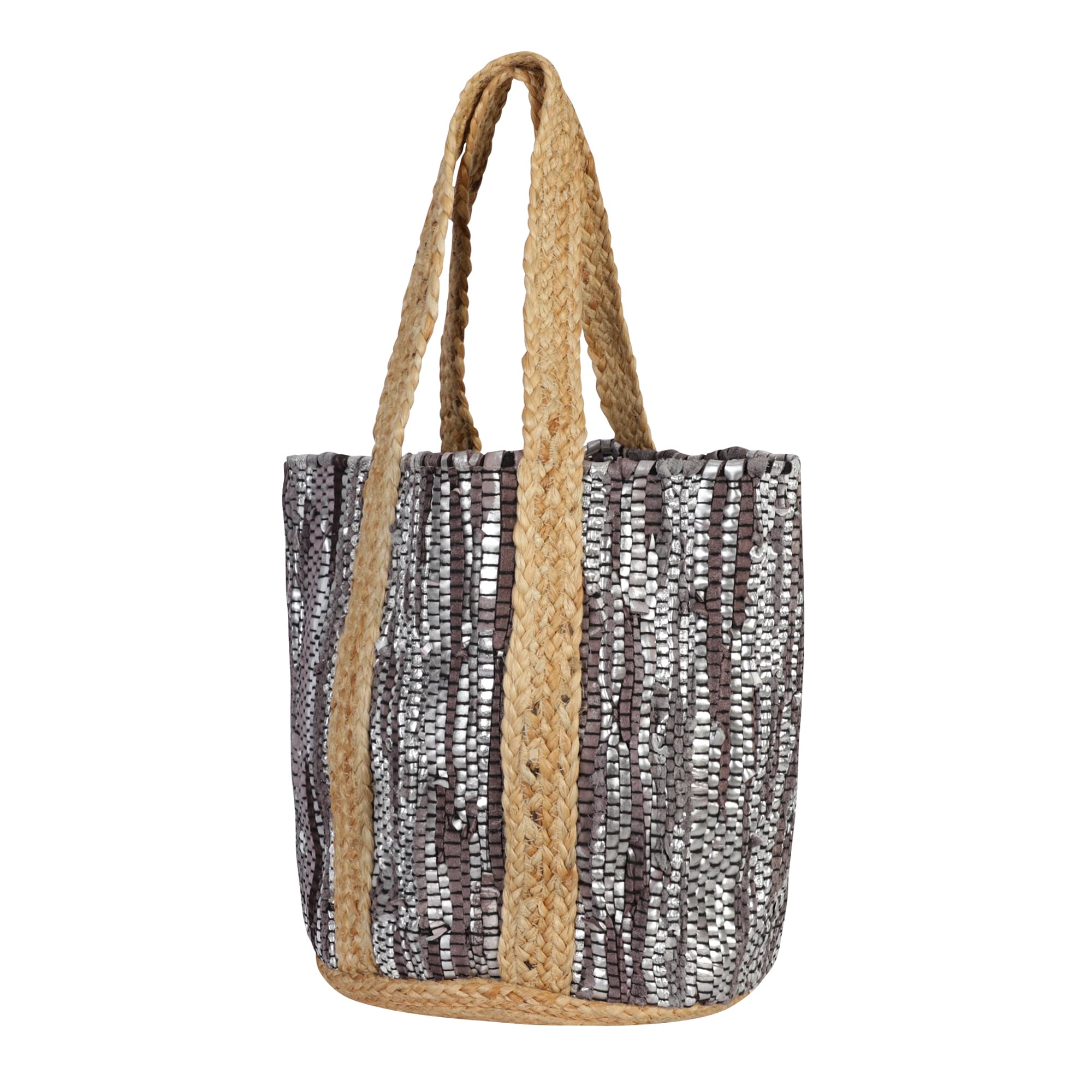 SILVER BROWN RECYCLED LEATHER BEACH BAG