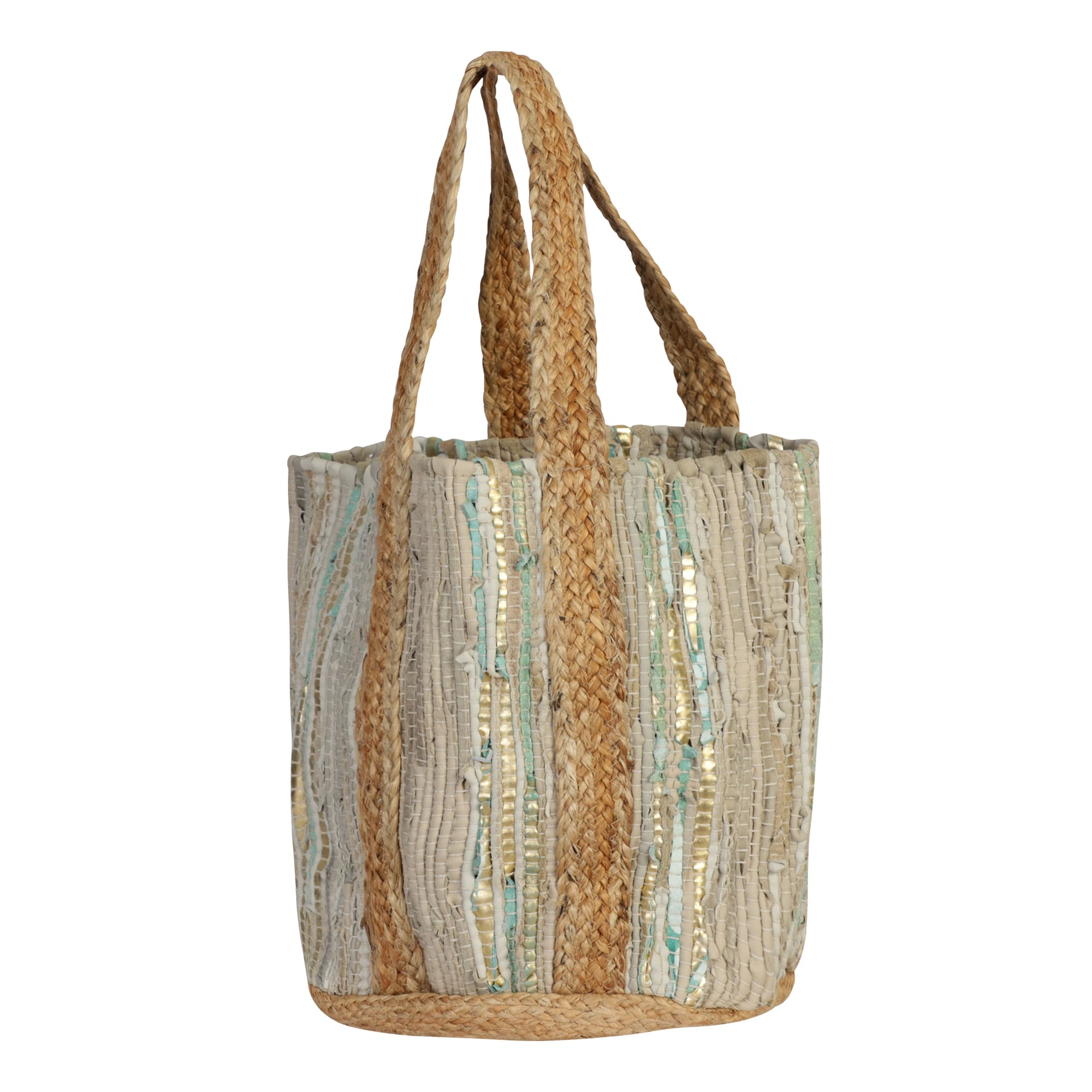GREY TURQ GOLD RECYCLED LEATHER BEACH BAG