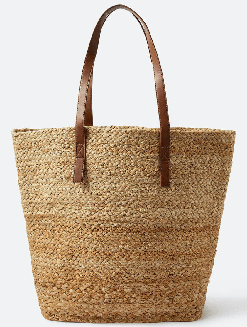 JUTE BRAIDED TOTE BAG WITH LEATHER STRAP