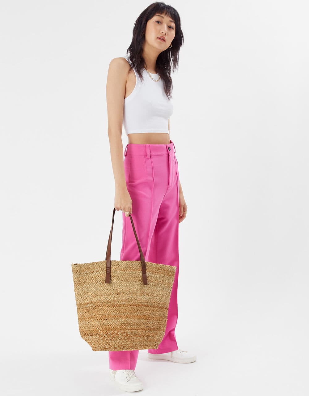 JUTE BRAIDED TOTE BAG WITH LEATHER STRAP