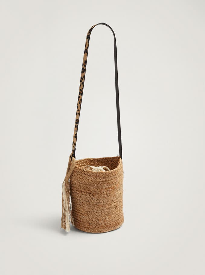 JUTE BAG WITH ANIMAL PRINT CROSSBODY STRAP