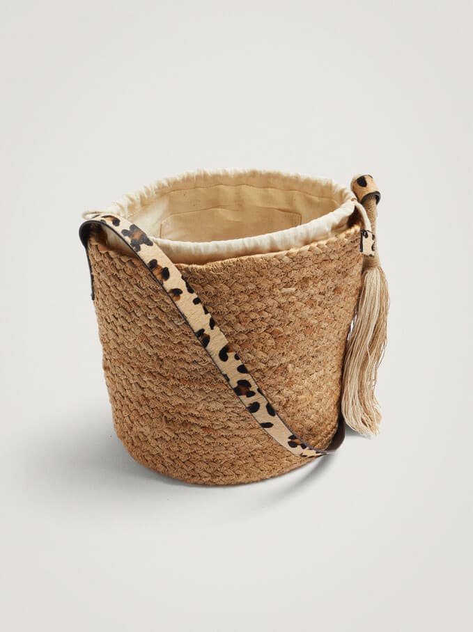 JUTE BAG WITH ANIMAL PRINT CROSSBODY STRAP