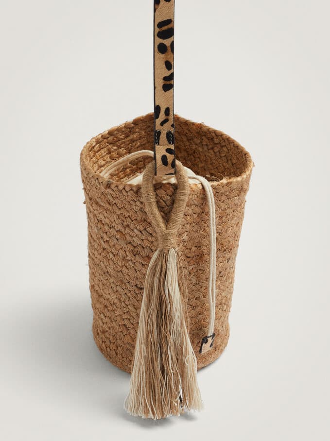 JUTE BAG WITH ANIMAL PRINT CROSSBODY STRAP