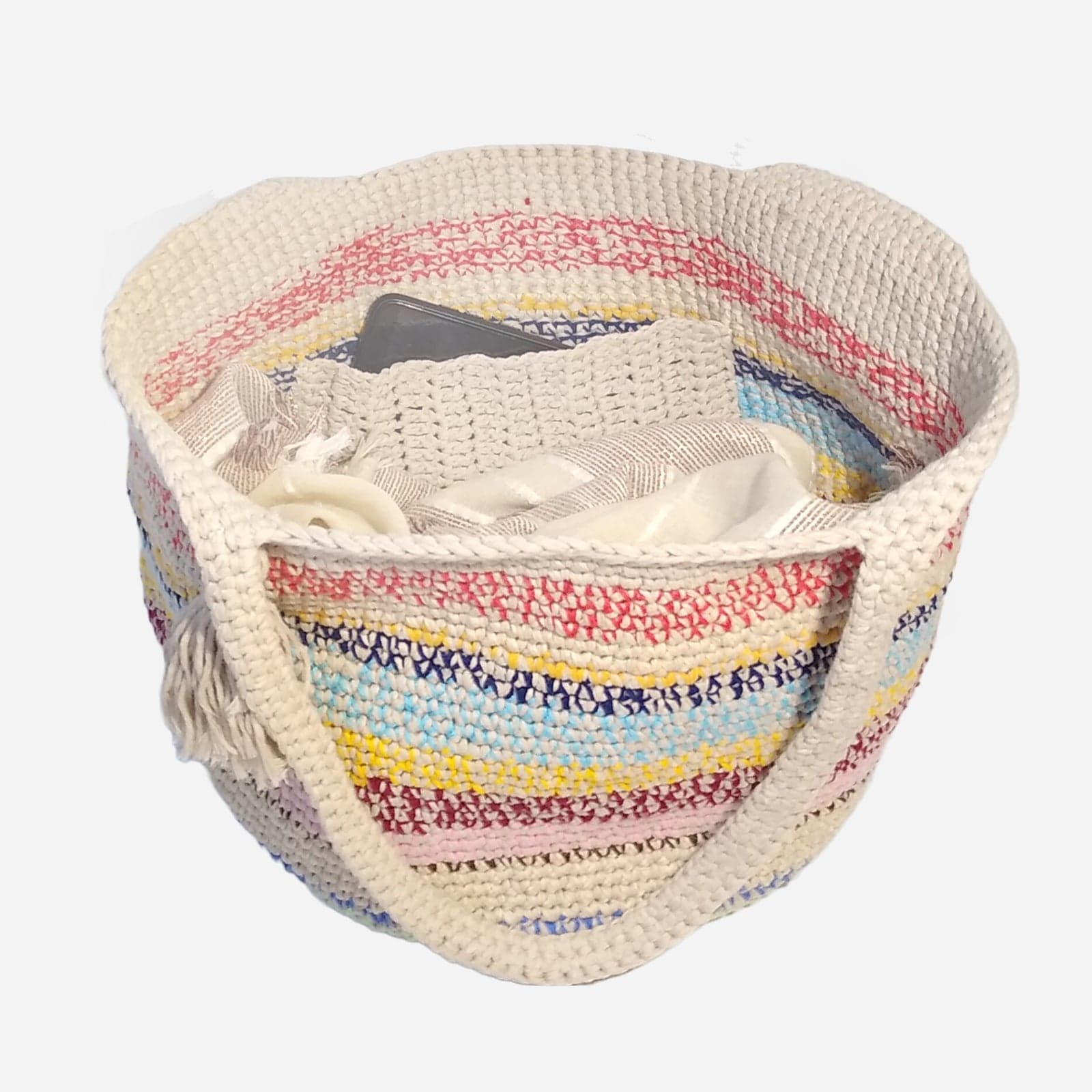 WHITE MULTI WOVEN TOTE BAG